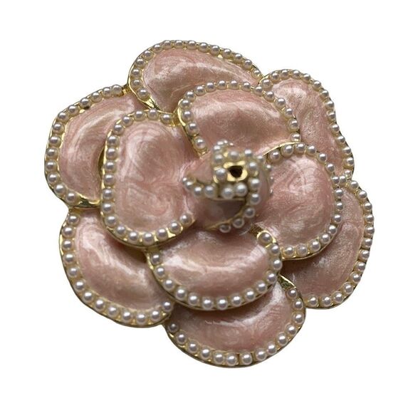 Camellia Flower Brooch – Pink Enamel Pin with Faux Pearls, Gold Tone - Picture 1 of 8